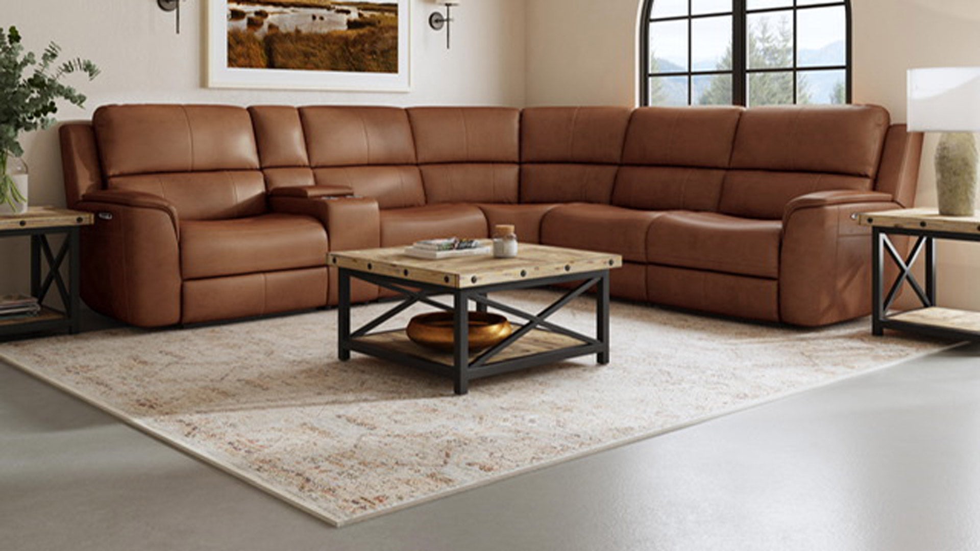 Big Spring Saddle Brown Power Reclining Leather Sectional Gallery Furniture